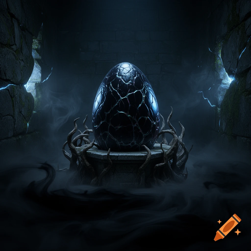 A dark, cracked egg on a stone pedestal in a smoky, crumbling cave with blue lightning.