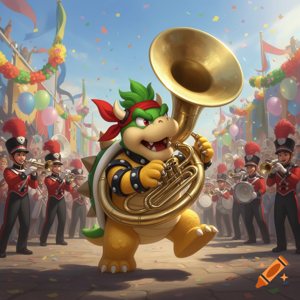 Bowser Jr. plays a sousaphone while marching in a lively parade filled with confetti and a marching band in a cartoon style.