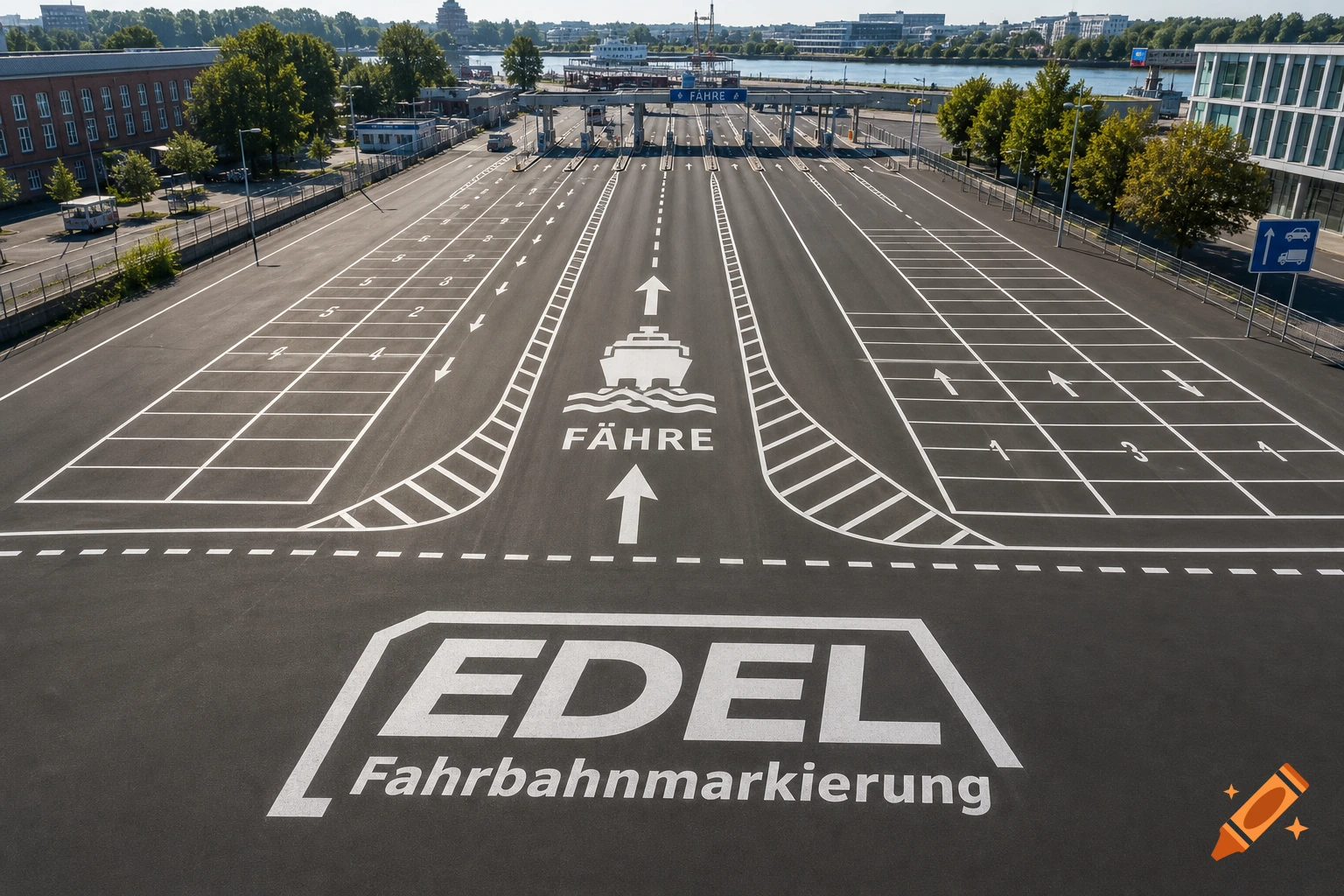 Aerial view of an empty ferry terminal parking lot with white road markings for parking, arrows, 'FÄHRE', and 'EDEL Fahrbahnmarkierung'.