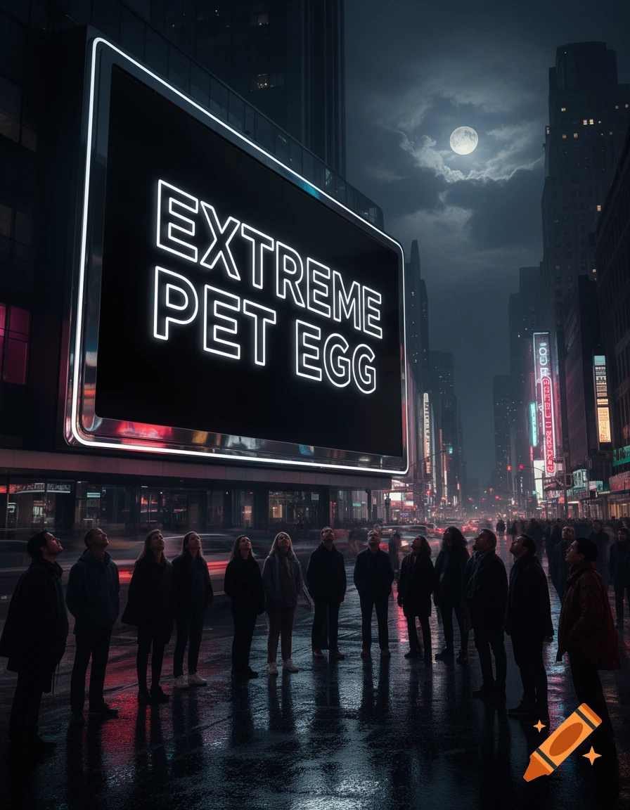 People stand on a wet, dark city street at night, looking up at a large neon billboard displaying 'EXTREME PET EGG' under a full moon.