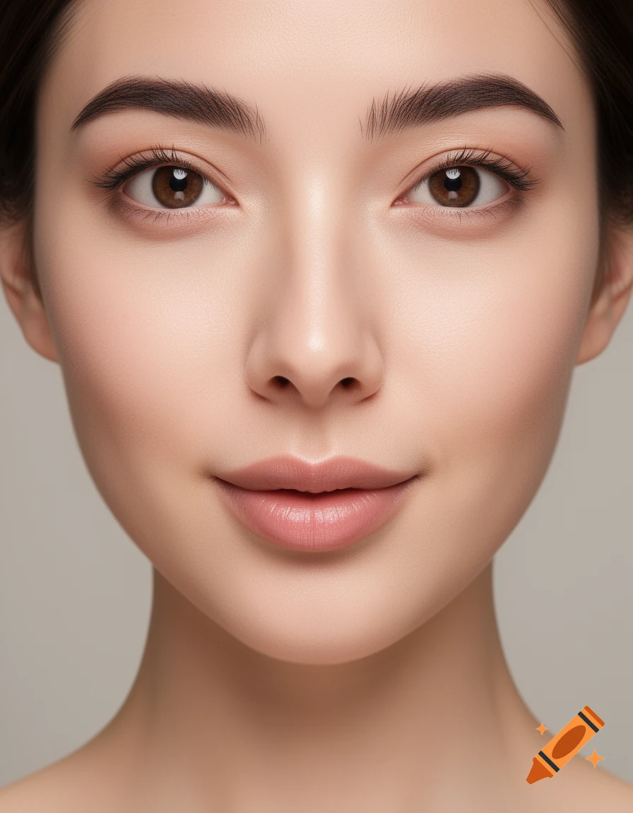 A photorealistic, highly detailed close-up studio portrait of a young woman's face with clear skin, brown eyes, and full lips.