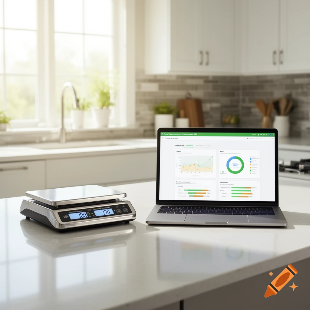 A digital scale and an open laptop displaying charts on a white kitchen counter, with a window and sink in the background.