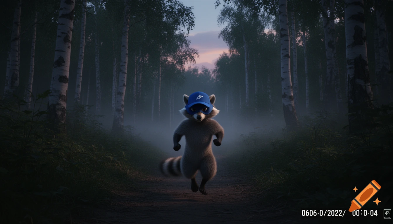 A photorealistic raccoon wearing a blue baseball cap with a white logo, running on a dirt path through a foggy birch forest at dusk.