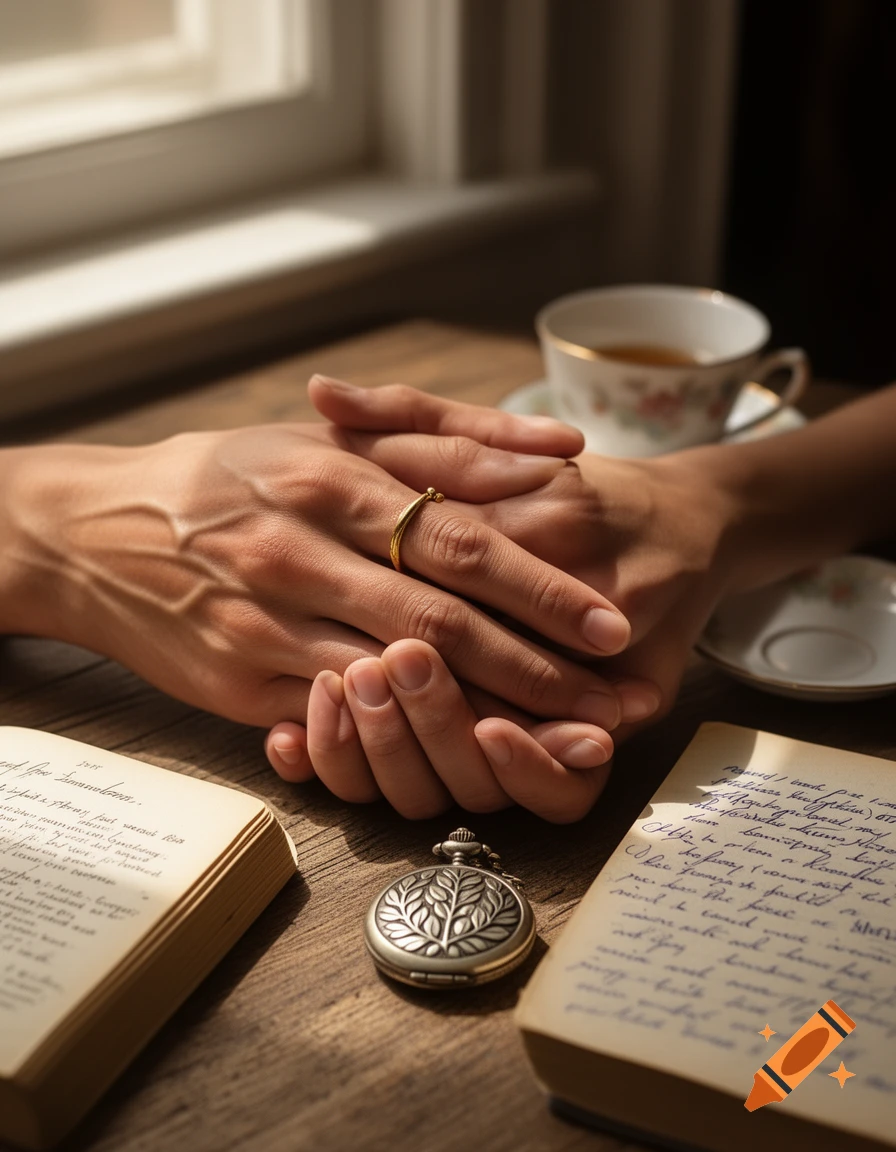 Two hands, one with a gold ring, clasped on a wooden table with open books, a pocket watch, and a teacup, bathed in sunlight.