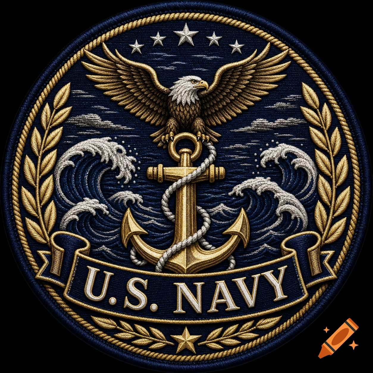 Embroidered circular U.S. Navy patch with a golden eagle, anchor, waves, stars, laurels, and 'U.S. NAVY' text.