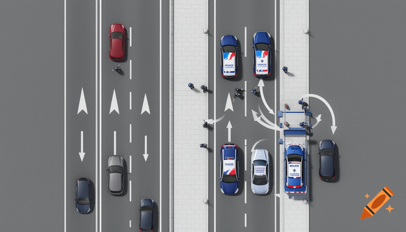Top-down view of a French police traffic stop diagram, showing multiple police cars, officers, and civilian vehicles on a two-lane road with a sidewalk.