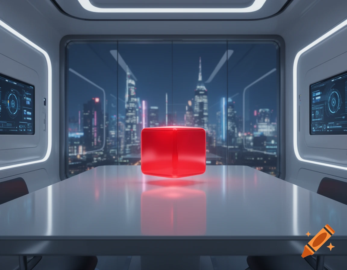 A glowing red cube sits on a reflective table in a futuristic office with large windows overlooking a city at night, with digital screens on the walls.