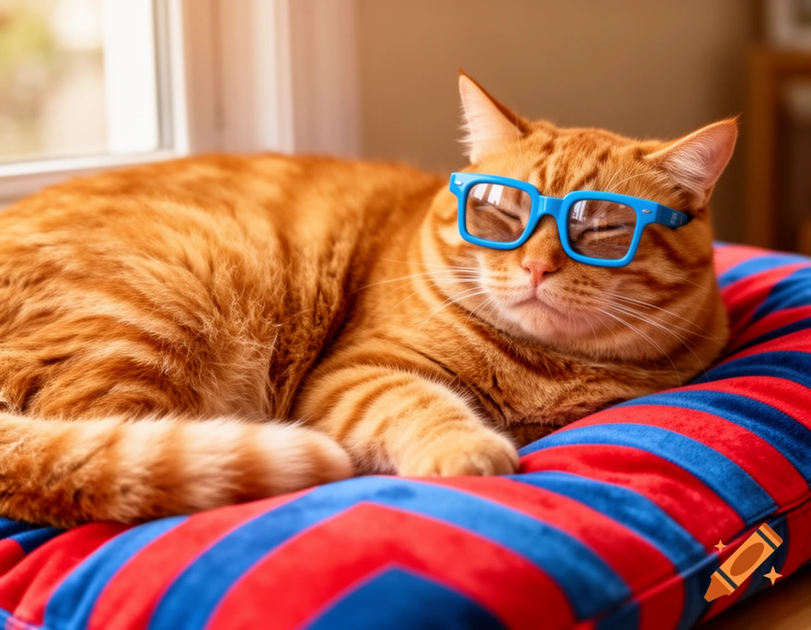 An orange tabby cat wearing blue square-framed glasses is comfortably lying on a red and blue striped pillow.