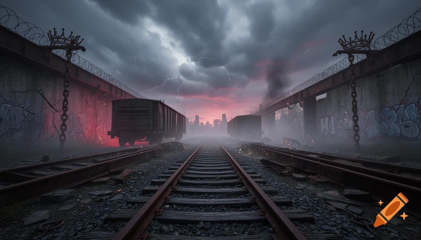 Photorealistic image of train tracks leading to a foggy, dystopian city under a stormy sky with lightning and a red glow. Graffiti, barbed wire, and chains with crowns adorn concrete walls beside abandoned cargo wagons.