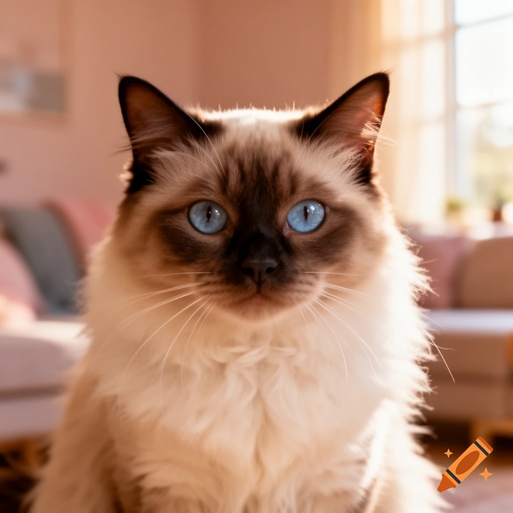Close-up of a photorealistic Ragdoll cat with piercing blue eyes looking forward in a warmly lit indoor setting.