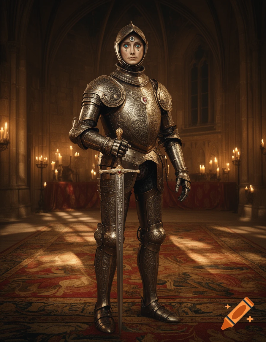 A knight in ornate, gold-patterned armor stands with a sword in a candlelit, vaulted hall, a blue gem on its helmet.