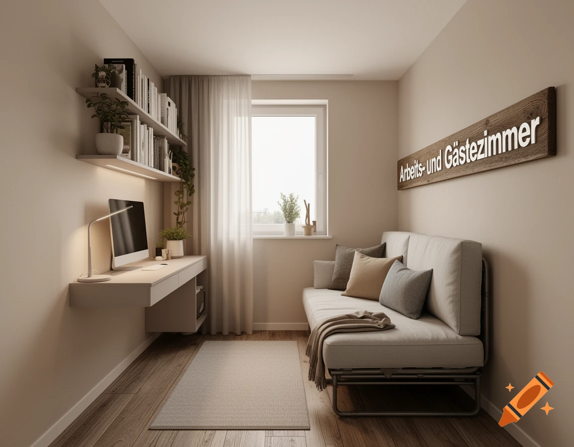 A modern, minimalist home office and guest room featuring a desk with a monitor, bookshelves, and a sofa bed.