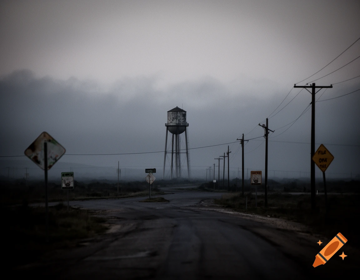 A bleak, dark photograph of a hazy, foggy road leading to a distant water tower, with power lines and several garbled road signs.