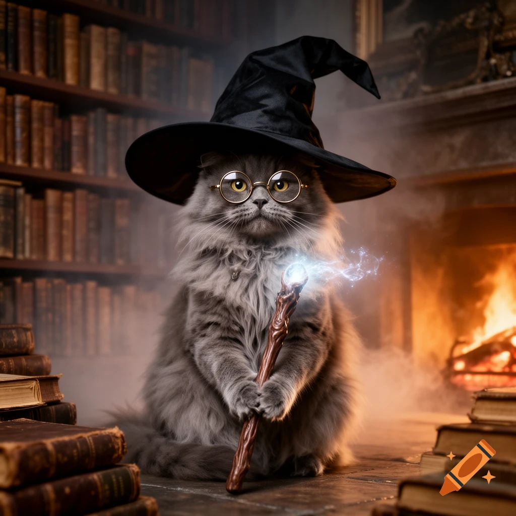 A fluffy gray cat wearing a black wizard hat and round glasses holds a glowing magic staff in a library with a fireplace.