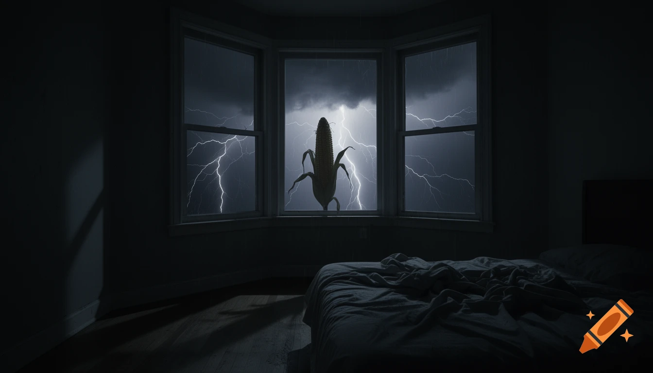 A silhouetted corn on the cob in a bay window of a dark bedroom during a stormy night with lightning, creating an eerie atmosphere.