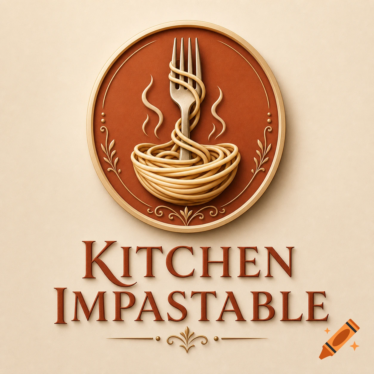An elegant logo for 'Kitchen Impastable' featuring a fork intertwined with spaghetti inside a red and gold circular emblem.