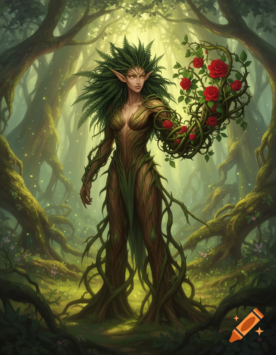 A Dryad warrior with bark skin, fern hair, and an arm of thorny vines with red roses stands in a sunlit fantasy forest.