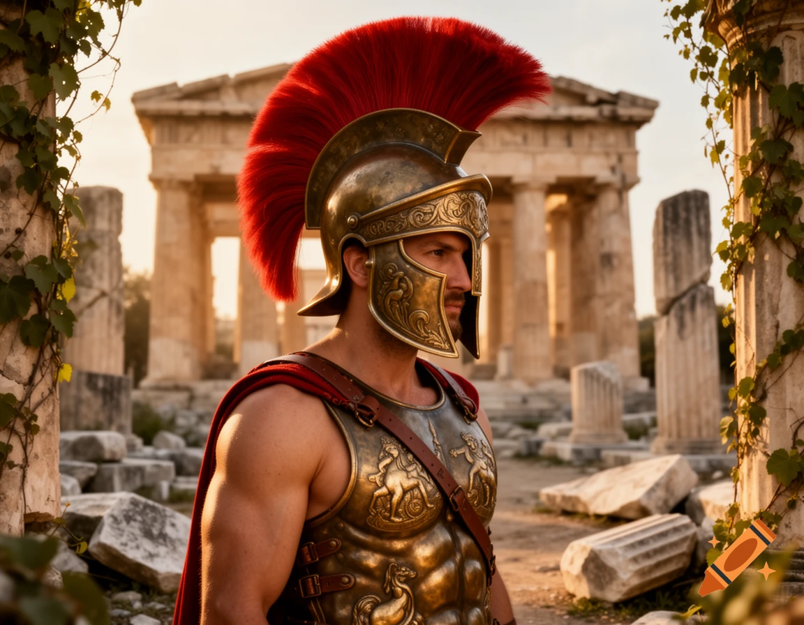 A photorealistic depiction of an ancient Greek soldier in ornate bronze armor and a red-crested helmet, standing among sunlit ruins.