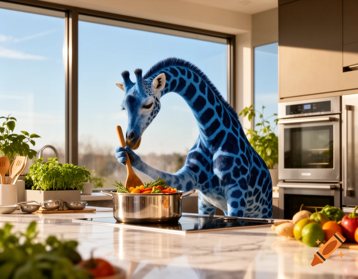 A blue giraffe with dark blue spots in a modern kitchen, stirring a pot of vegetables on the stove with a wooden spoon.