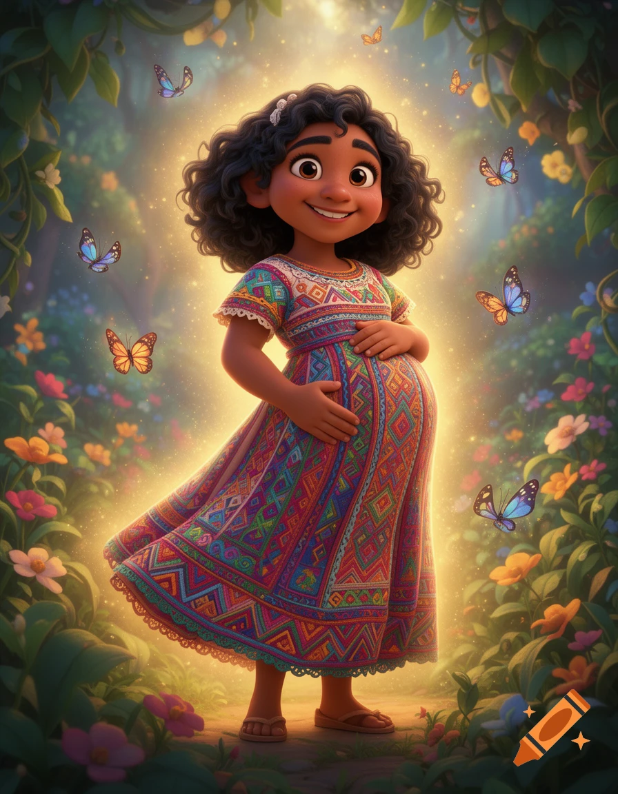Cartoon Mirabel from Encanto, pregnant and smiling, stands in a vibrant, glowing forest with butterflies.