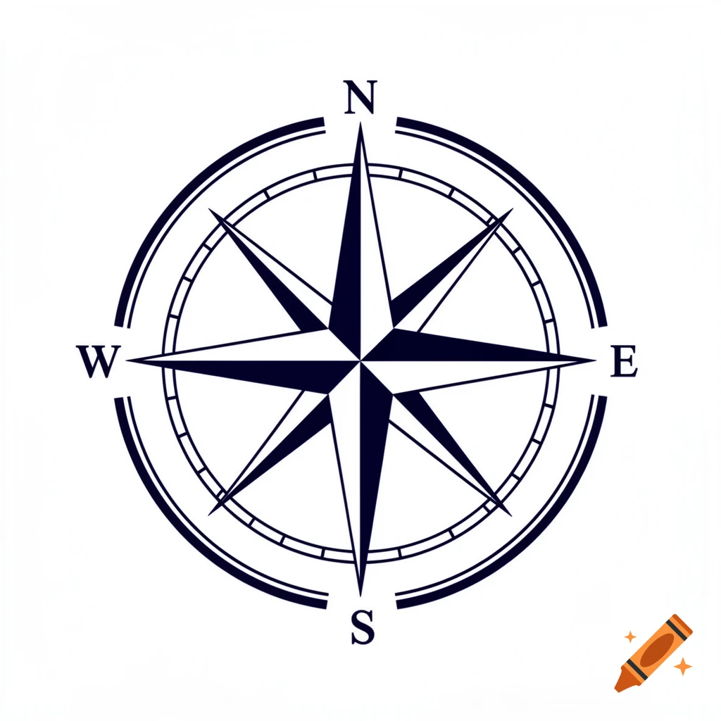 A dark blue compass rose with cardinal directions N, E, S, W on a white background.