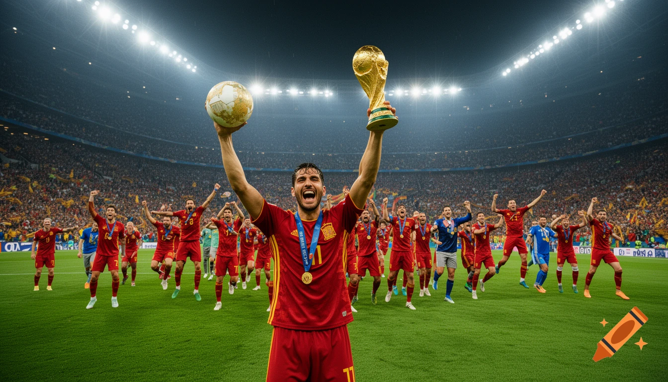 A jubilant Spanish football player raises the World Cup trophy and a golden ball trophy in a packed stadium with his celebrating teammates behind him, photorealistic.