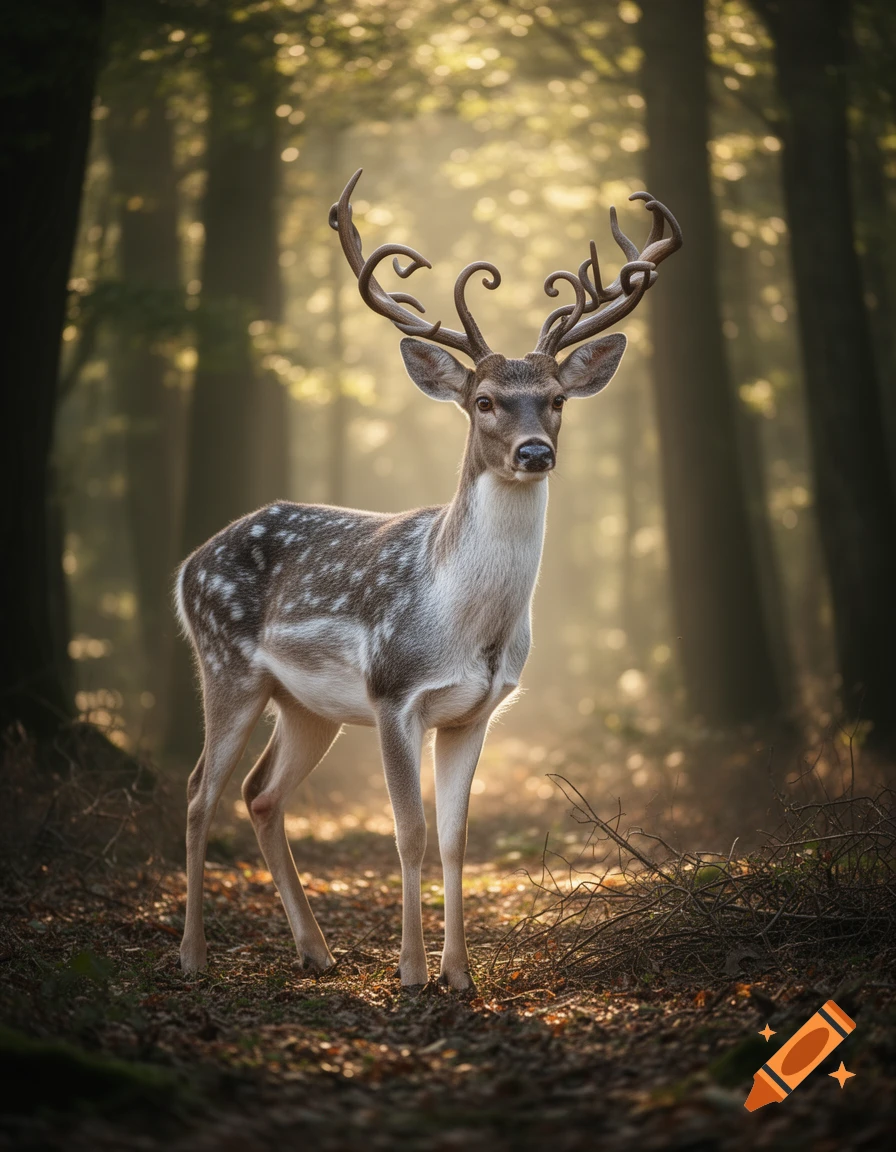 A photorealistic deer with unusually curly antlers stands in a misty, sunlit forest.