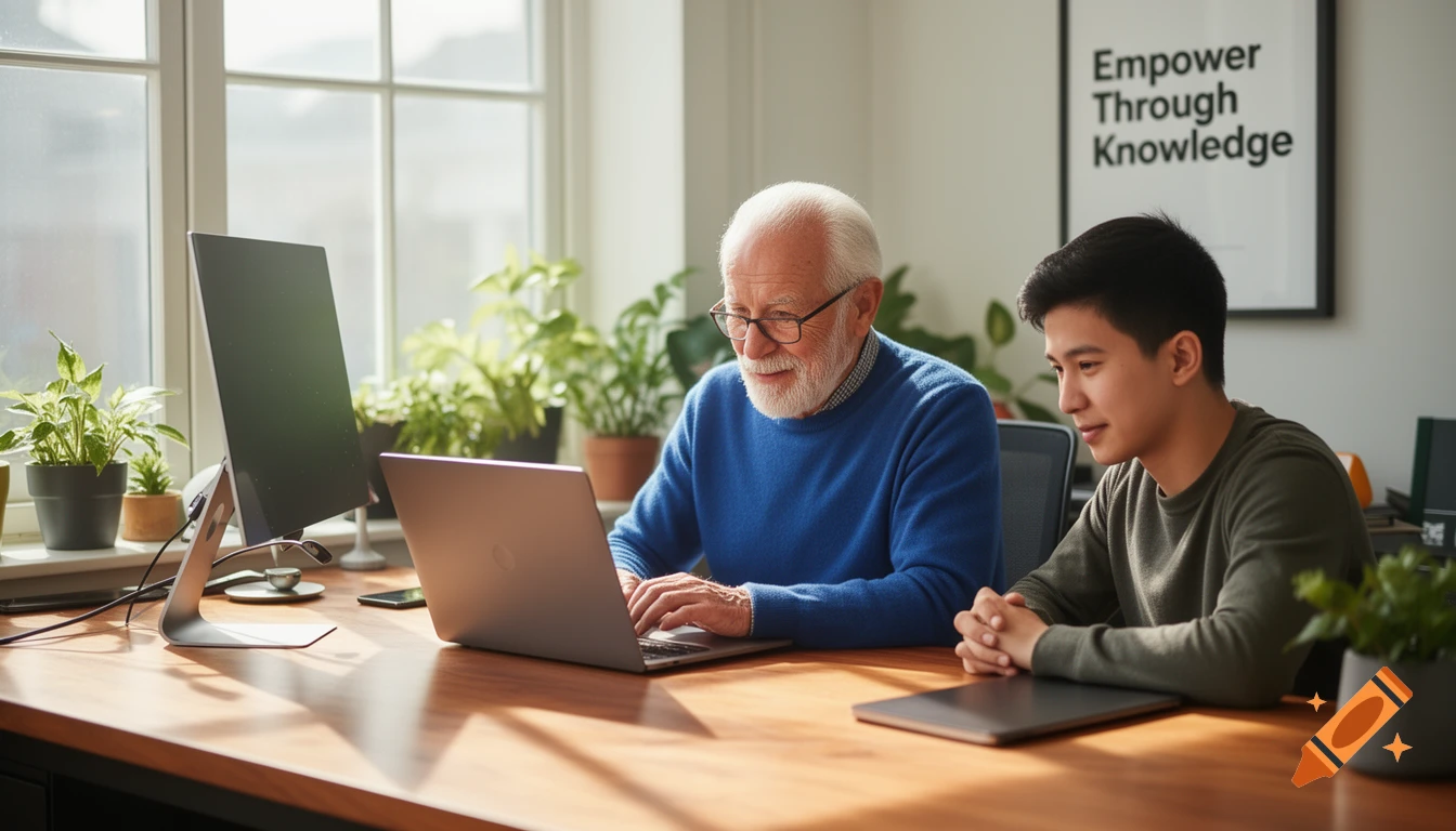 An older man teaches a younger man on a laptop at a bright desk with plants, a poster behind them.