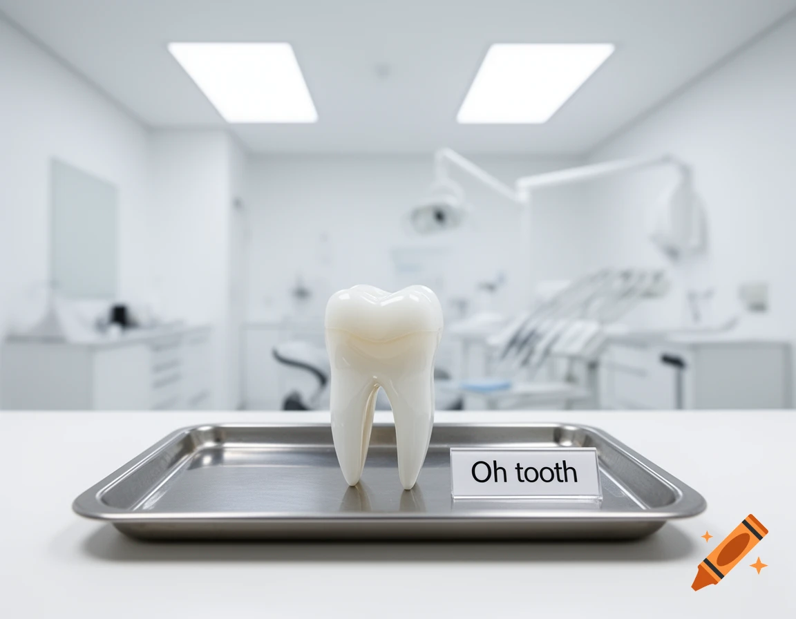 A shiny white model tooth on a silver tray in a modern dental office, with a sign reading 'Oh tooth'.