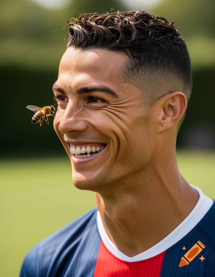 Photorealistic image of soccer player Cristiano Ronaldo smiling outdoors with a bee flying very close to his face.