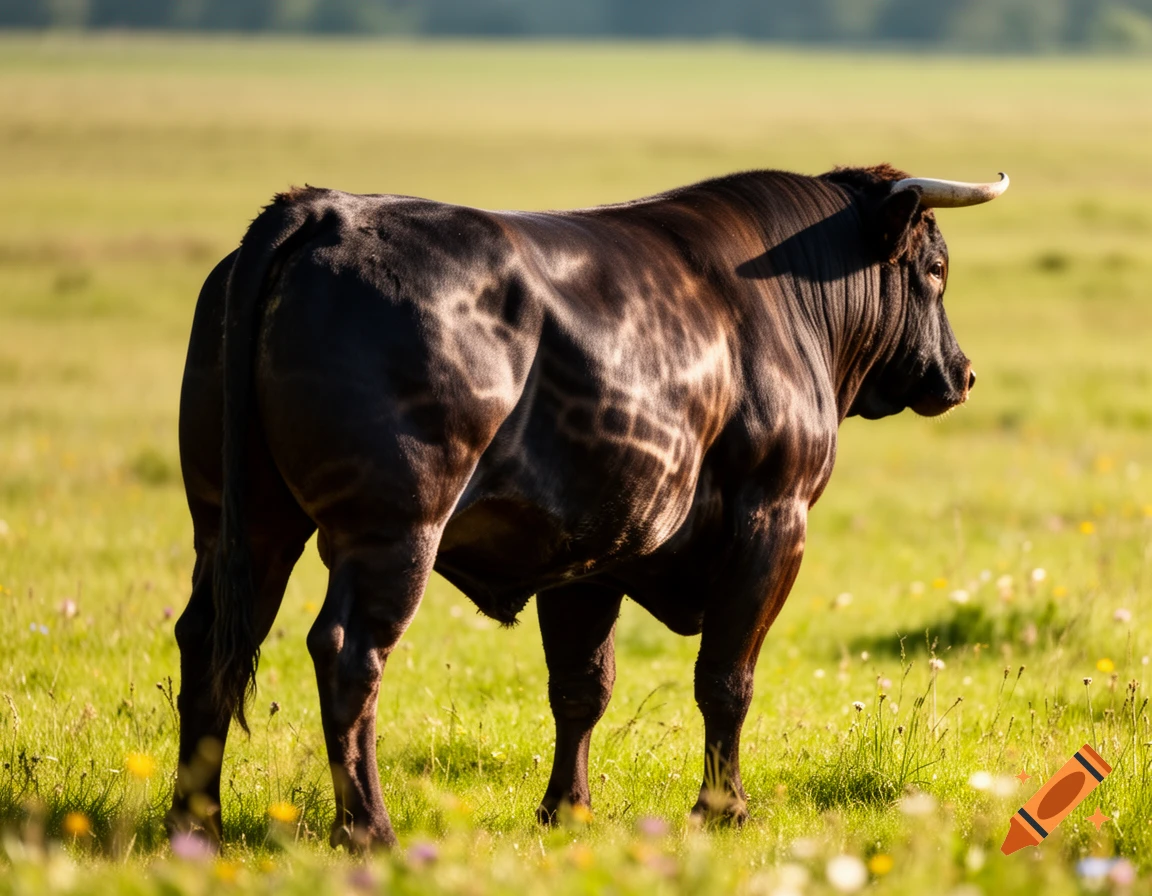 A muscular dark brown bull with short horns stands in a sunny green field with wildflowers, looking to the right.