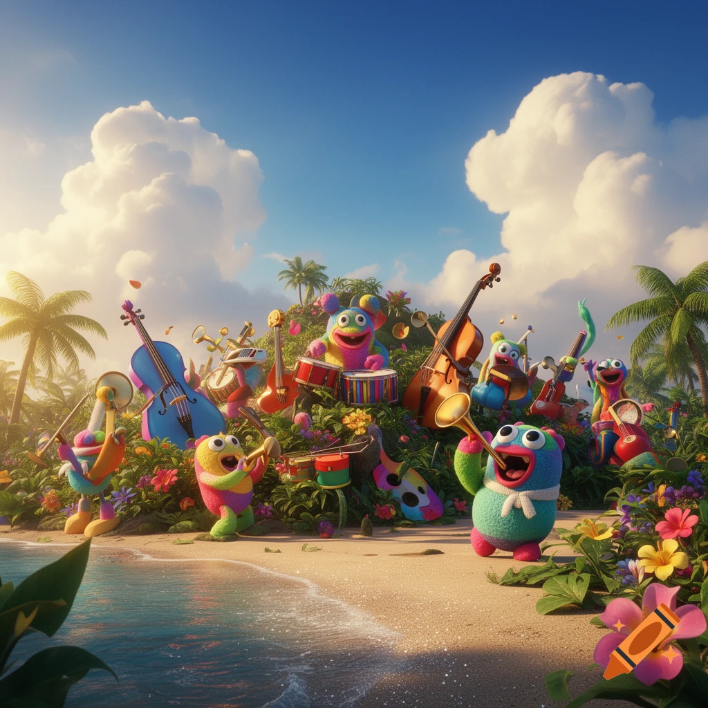 Colorful, fuzzy cartoon monsters play musical instruments on a tropical beach with palm trees and blue water.