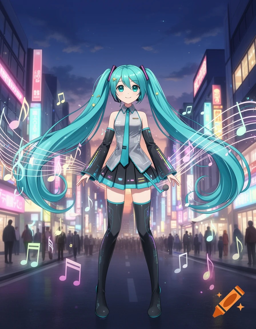 A full-body anime girl with long aqua pigtails stands on a neon-lit city street at dusk, surrounded by musical notes.
