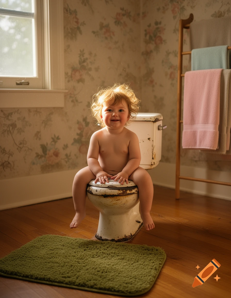 A smiling baby with curly red hair sits nude on an old toilet in a sunlit bathroom with floral wallpaper and a green mat.