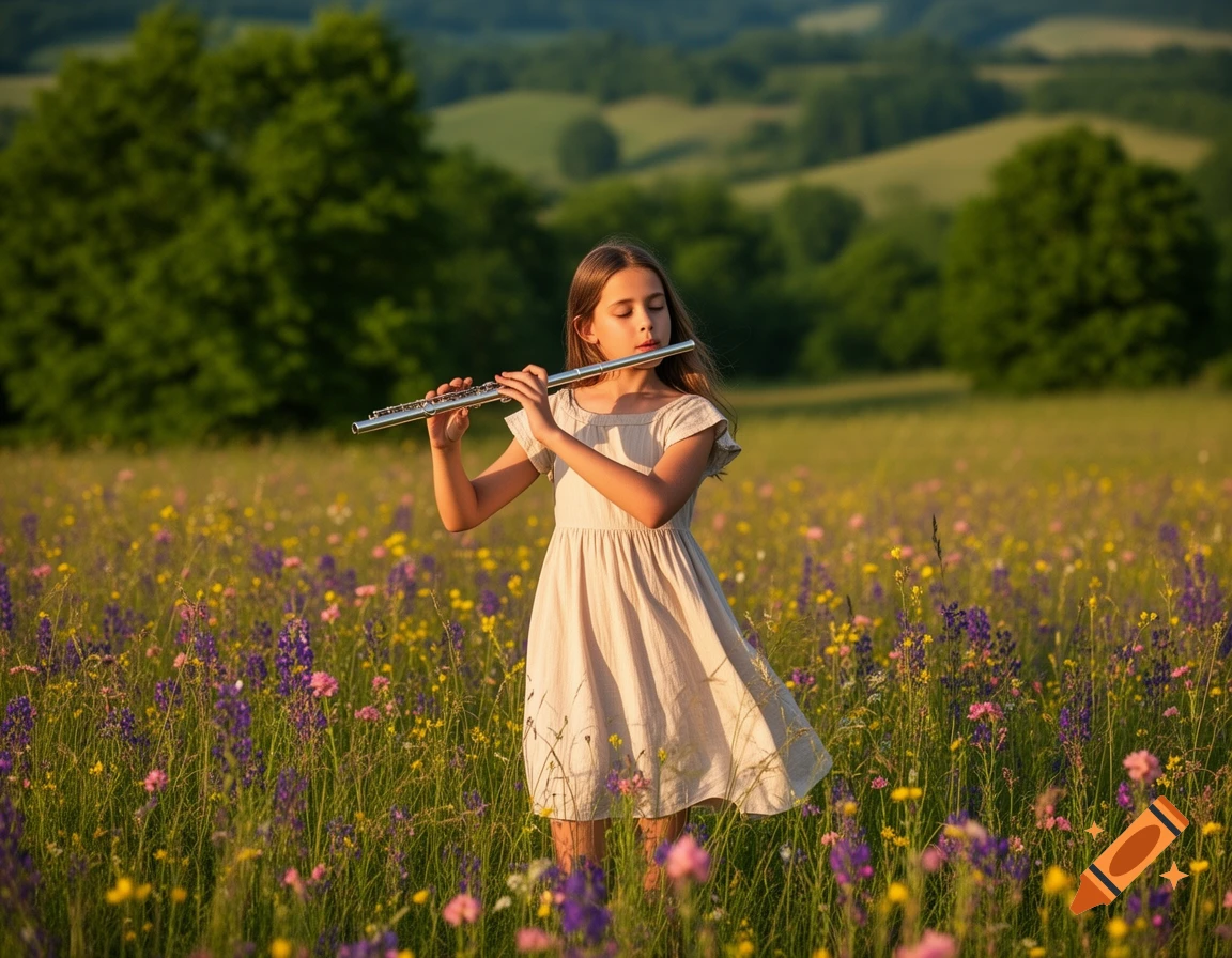 A young girl with long hair plays a flute while standing in a colorful wildflower field with green hills in the background.