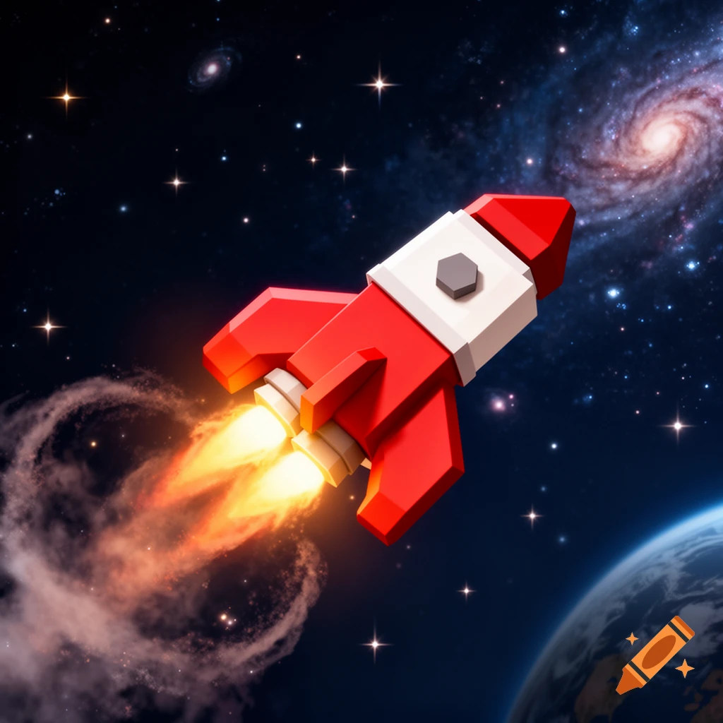 A stylized red and white rocket with flames from its engines flies through deep space with stars, galaxies, and a view of Earth.
