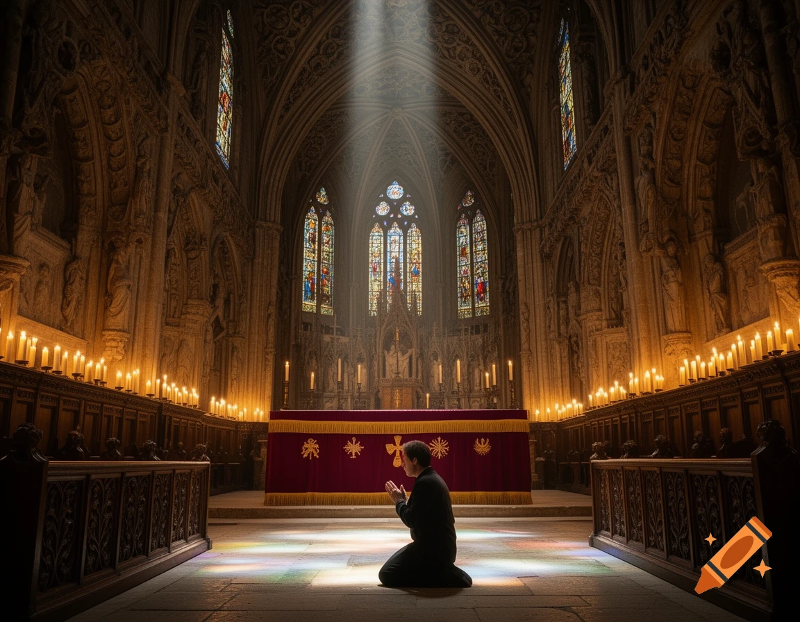 A person kneels and prays in a grand, gothic church, lit by candles and a heavenly beam through stained glass windows.