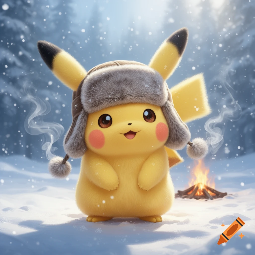 A fluffy Pikachu wearing a gray fur ushanka hat stands in a snowy forest with a small campfire in the background.