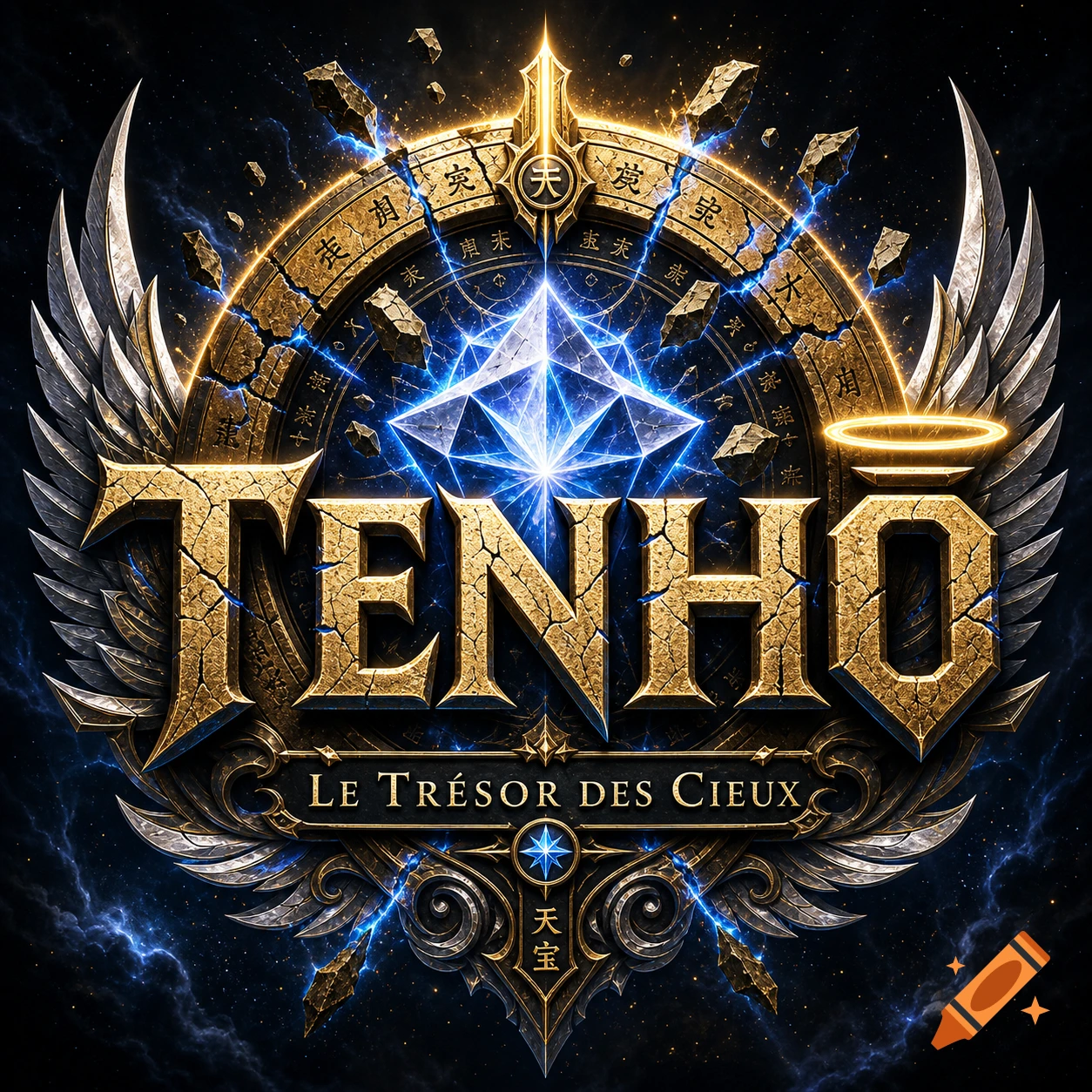 A fantasy logo with cracked golden letters spelling "TENHO" above "LE TRÉSOR DES CIEUX," set against a celestial background with wings, a glowing blue crystal, and a golden halo.