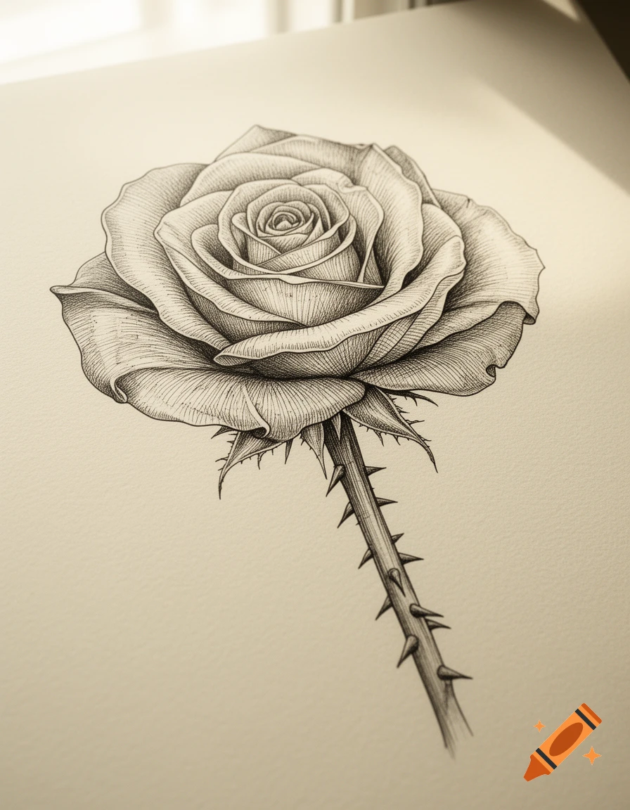A detailed black and white line drawing of a rose with a thorny stem, presented on a light-colored paper background.