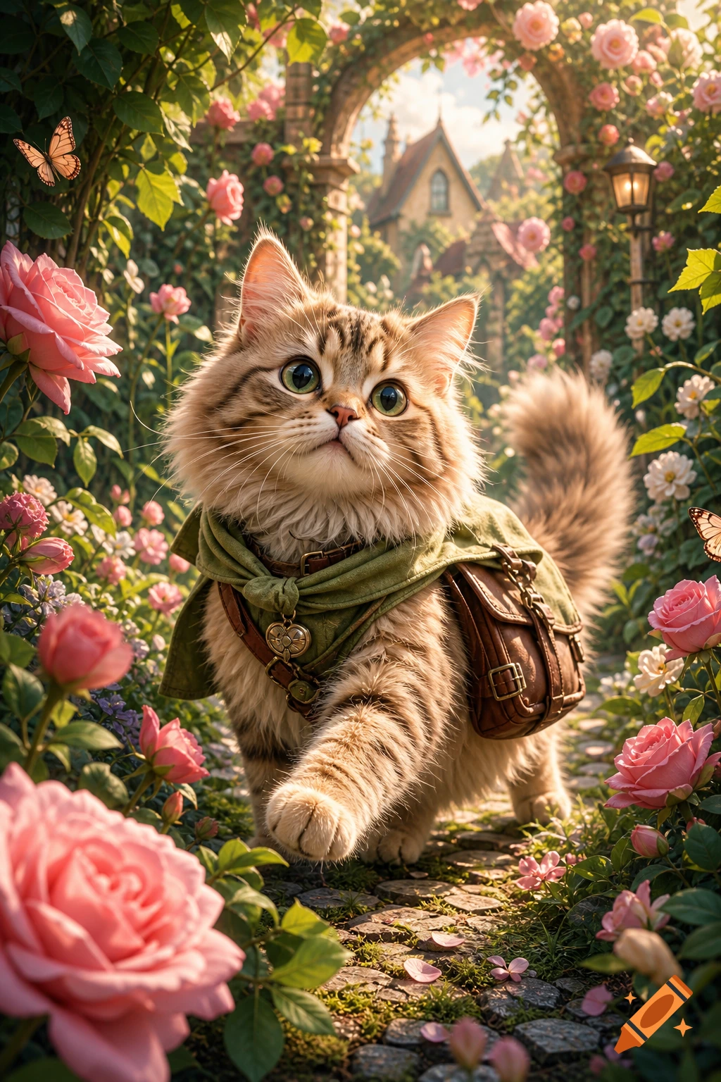 A fluffy tabby cat in a green cloak and satchel walks through an enchanted rose garden with a cottage and archway in the background.