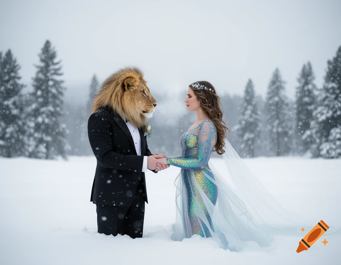 Lion-headed groom in a tuxedo and a mermaid bride in a shimmering dress hold hands in a snowy forest landscape.