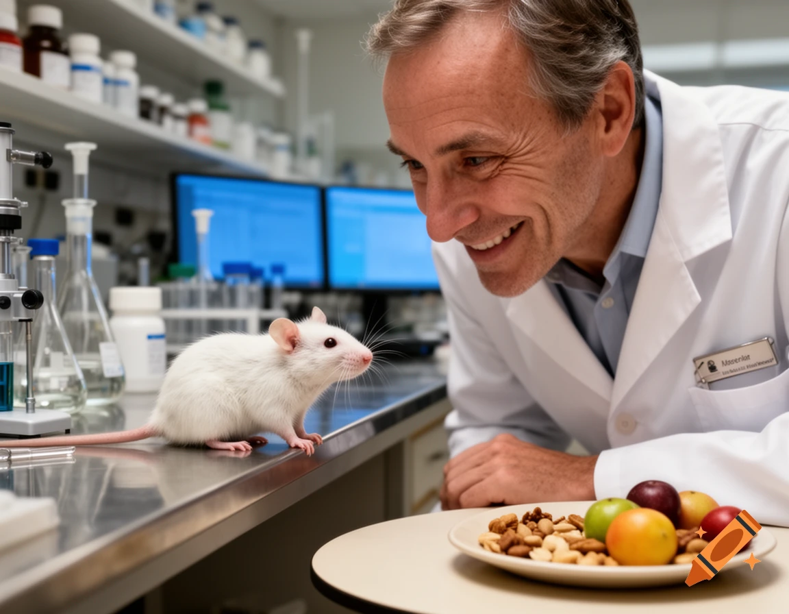A smiling scientist in a lab coat looks at a white lab mouse on a counter, with a plate of nuts and fruit nearby.