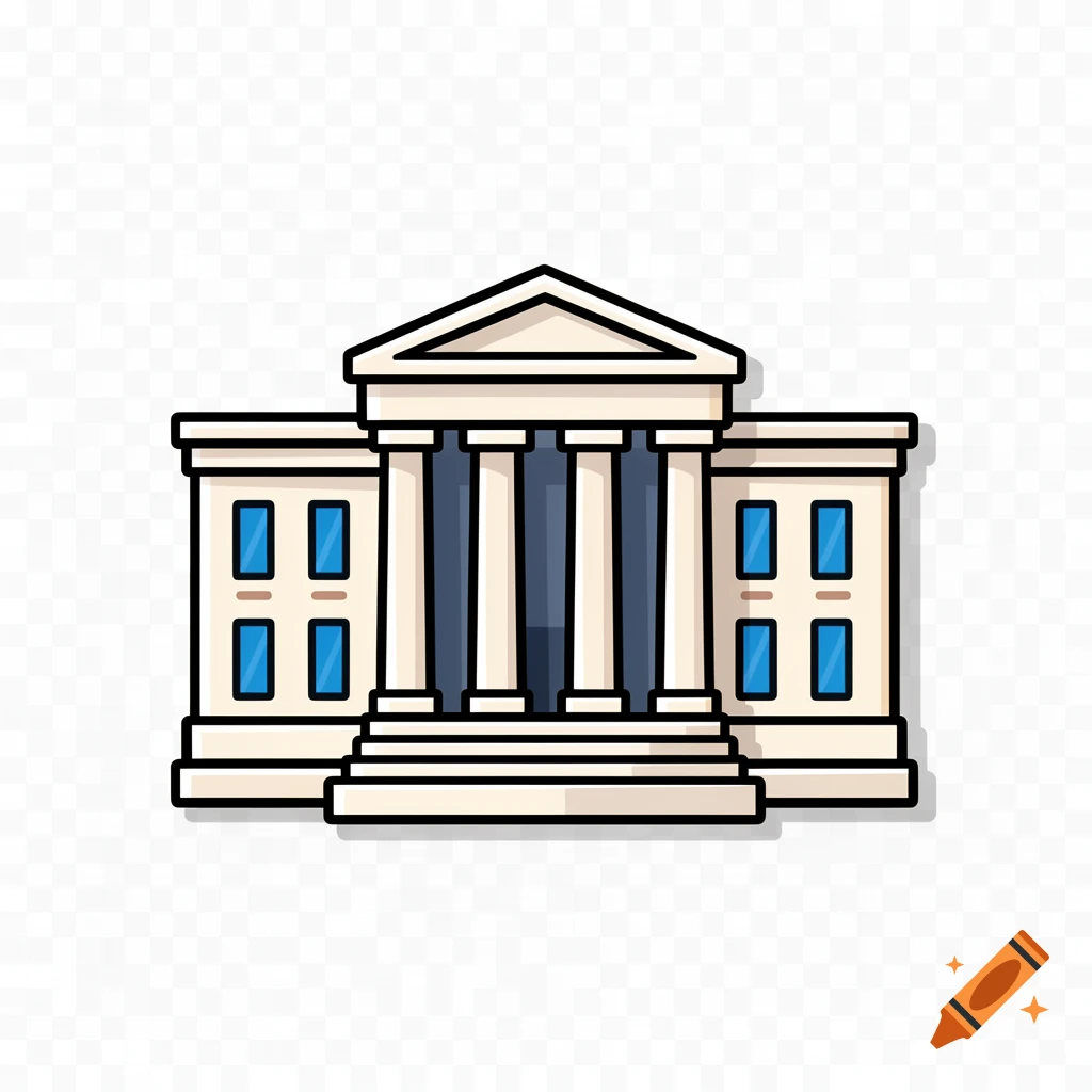 Flat vector illustration of a classic government building with columns and a triangular roof on a transparent background.