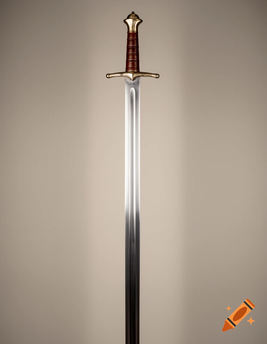 A close-up, photorealistic shot of a long sword with a brown leather-wrapped hilt and a polished steel blade standing upright on a beige background.