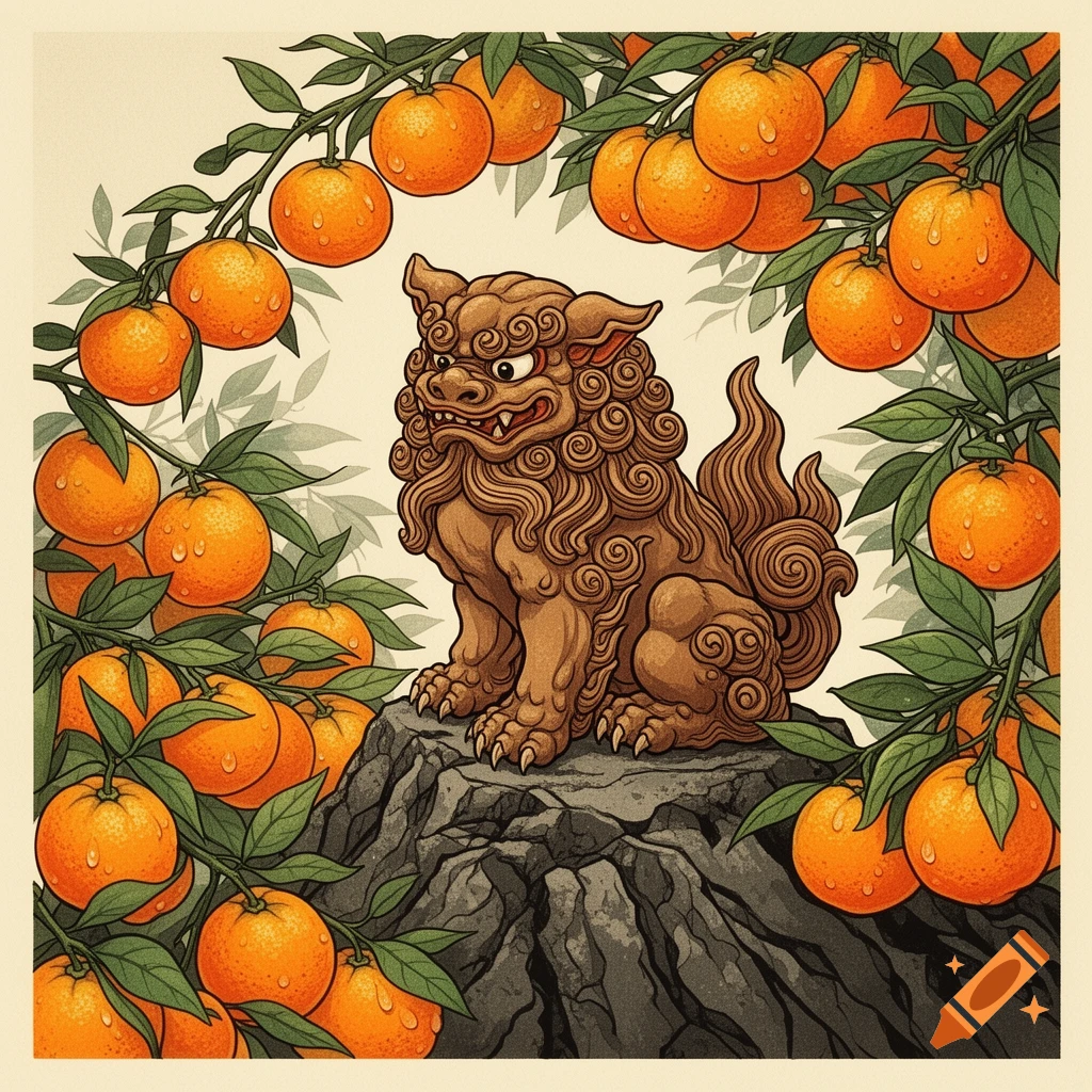 A brown Shisa guardian lion-dog sits on a rock, framed by branches of ripe oranges in a stylized Japanese illustration.