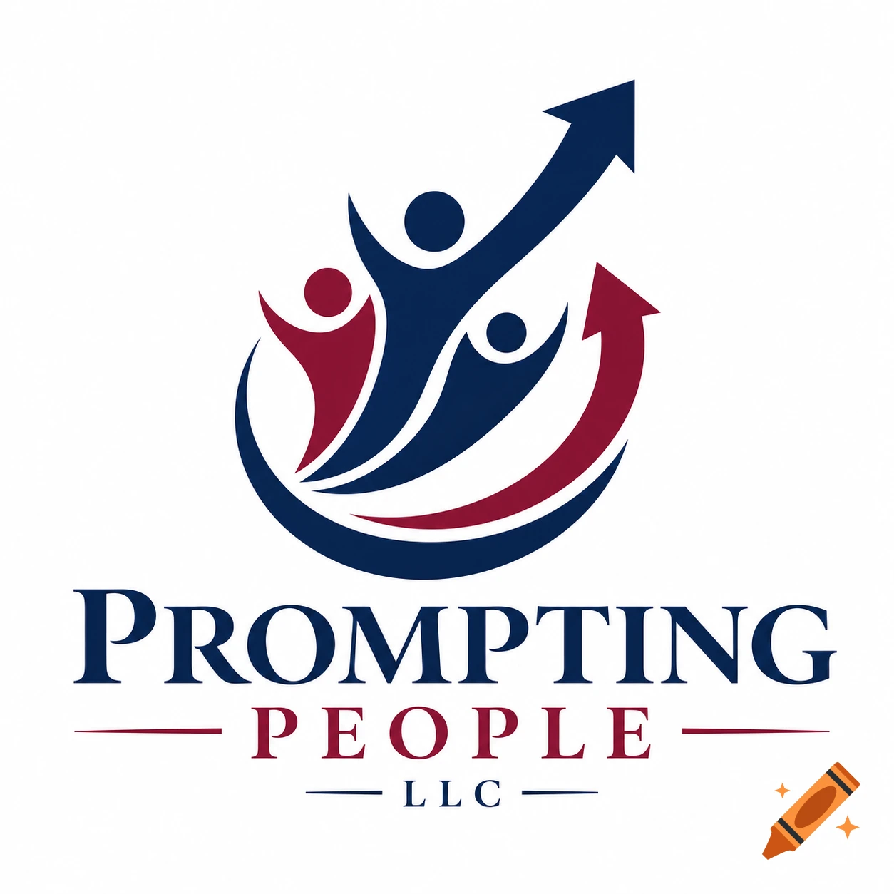 A logo for Prompting People LLC with abstract figures and arrows symbolizing growth in navy blue and burgundy.