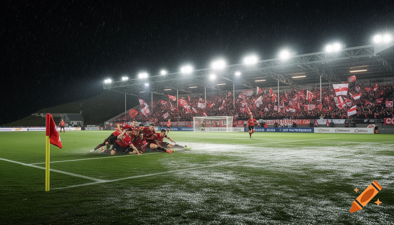A group of football players in red and black jerseys celebrate a goal by sliding on the wet grass of a stadium at night, with fans in the stands.