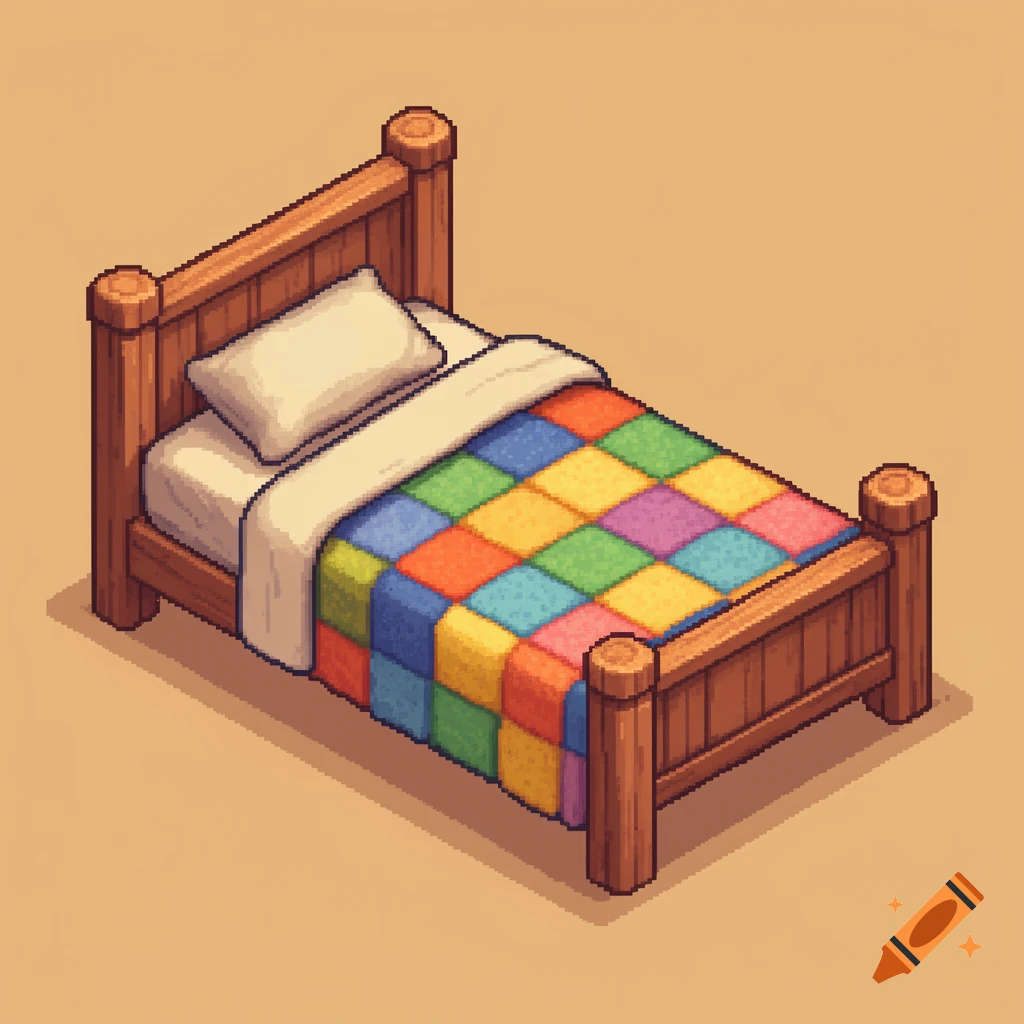 Isometric pixel art wooden bed with a white pillow and a colorful patchwork quilt on a light brown background.
