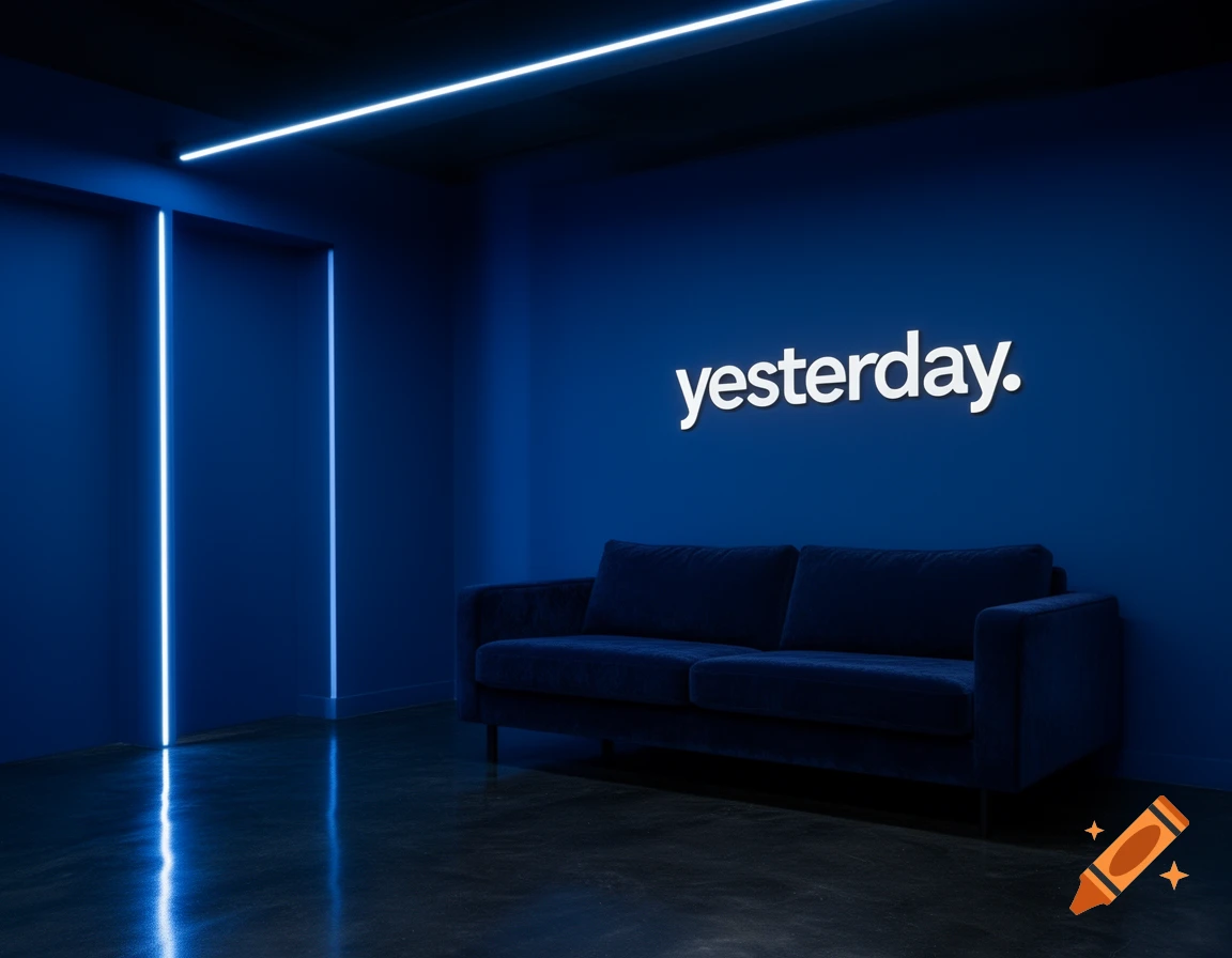 Photorealistic image of a moody modern office with deep blue walls, a navy velvet sofa, blue neon lights, and 'yesterday.' logo.